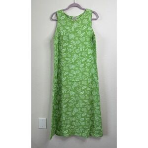 Russ Berens 100% Linen Maxi Dress Women's L Green Floral Sleeveless Peasant USA